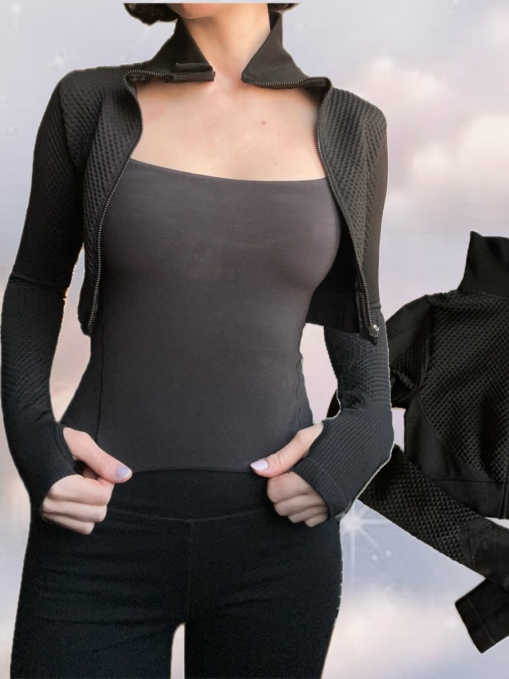 🖤 Black Textured Crop Zip-Up Jacket / Shrug / bolero